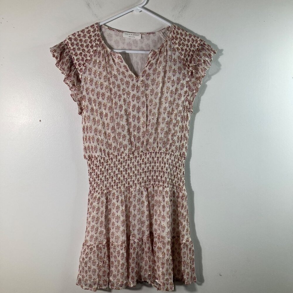 Womens Feels by Brownie Floral Metallic Smocked Dress Cream Pink M Lined